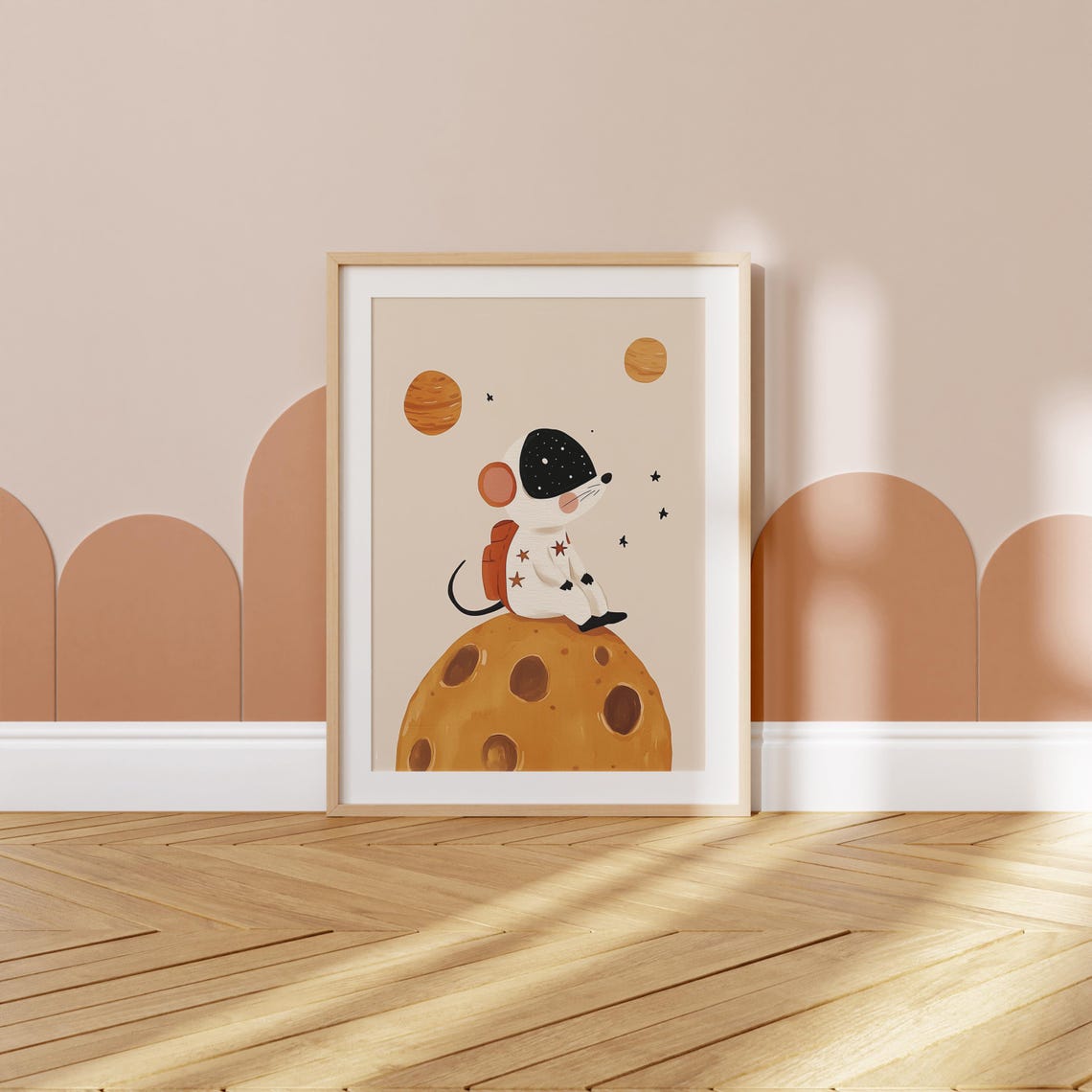 Astronaut Mouse Sitting On Moon With Planets Space Kids Nursery Poster - Image 2