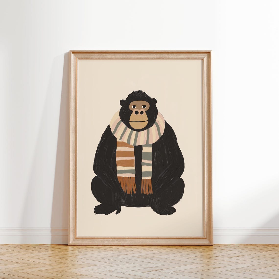 Cozy Gorilla In Warm Striped Scarf Nursery Kids Animal Poster - Image 2
