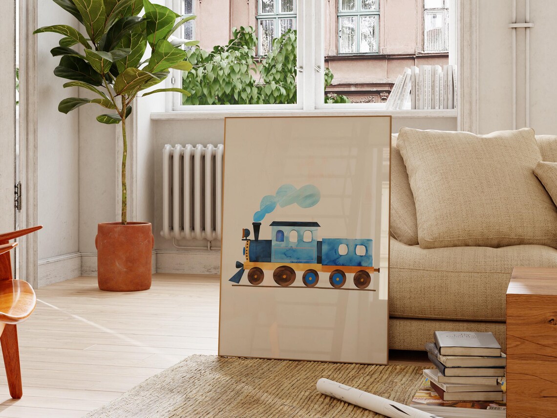 Blue Watercolor Toy Train Cute Locomotive Kids Nursery Poster