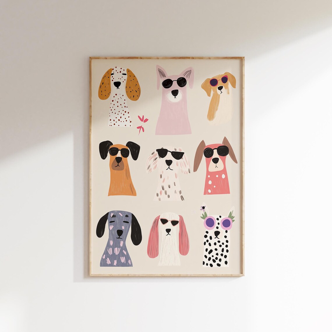 Nine Cool Dog Faces Sunglasses Spotted Beige Nursery Kids Art Poster - Image 2