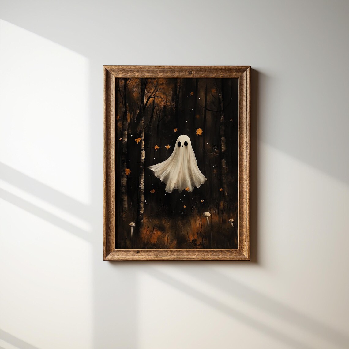 Lonely Ghost Floating in Moody Autumn Woods with Mushrooms Art Poster