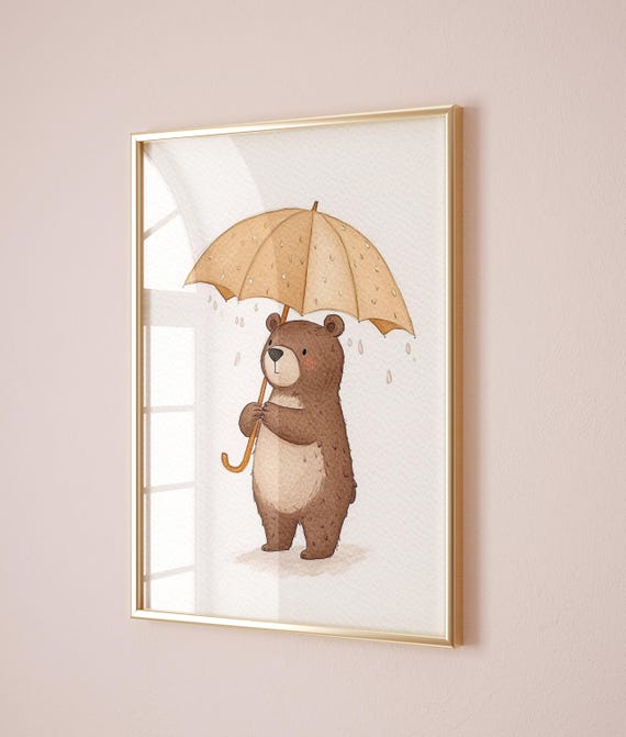 Kids Room Printssweet Bear With Umbrella Nursery Art Playful Animal Print For Kids Room And Baby Nursery Cute Playroom Decor