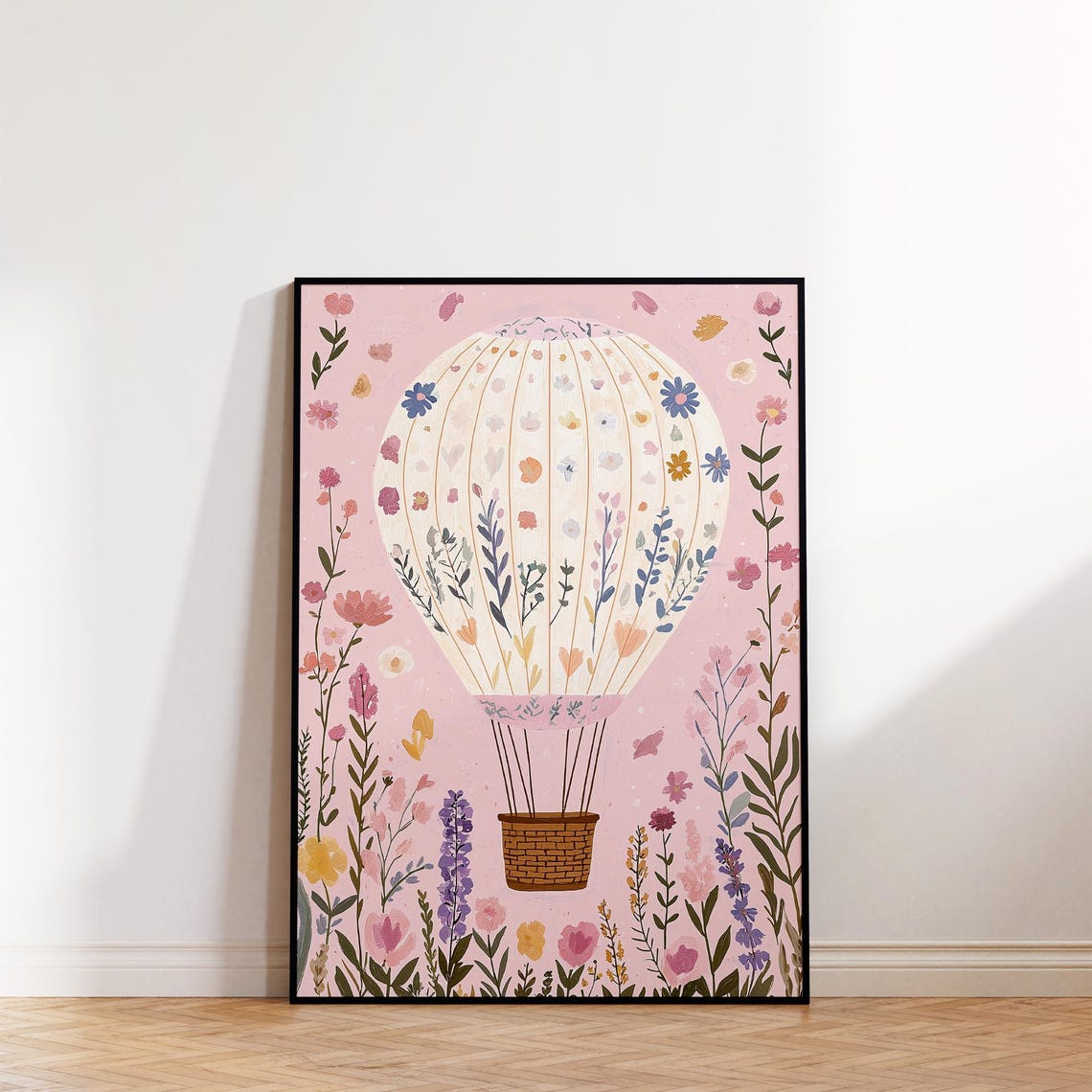 Whimsical Floral Hot Air Balloon Over Pink Meadow Sky Poster - Image 2