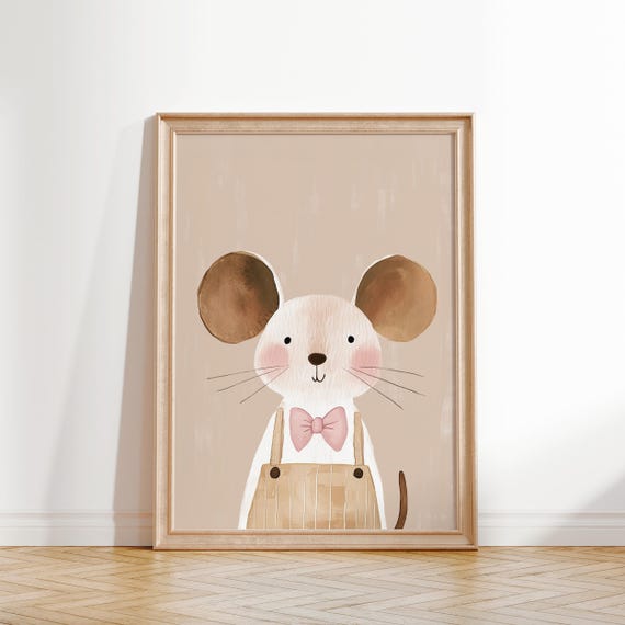 Cute Mouse In Overalls Pink Girls Room Wall Art Baby Nursery Animal Print Toddler Room Decor Playful Animal Illustration Kids Poster