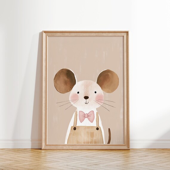 Cute Mouse Overalls Pink Bow Watercolor Beige Nursery Kids Wall Art