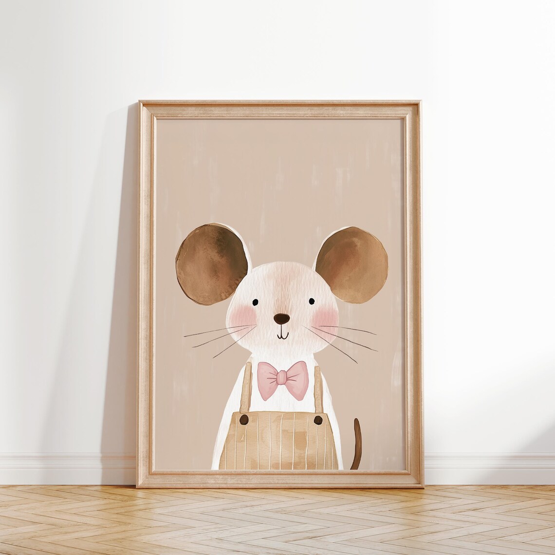 Cute Mouse Overalls Pink Bow Watercolor Beige Nursery Kids Wall Art