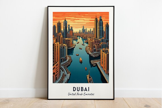 Dubai United Arab Emirates Marina Skyline Boats Sunset Travel Poster