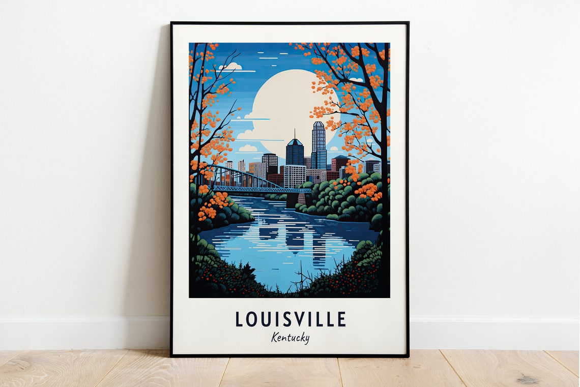 Louisville Skyline and River Under a Full Moon Kentucky Travel Poster