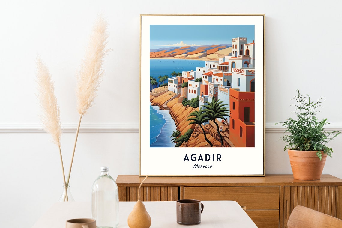 Agadir Morocco Whitewashed Cliffs Palm Trees Seaside Travel Poster - Image 2