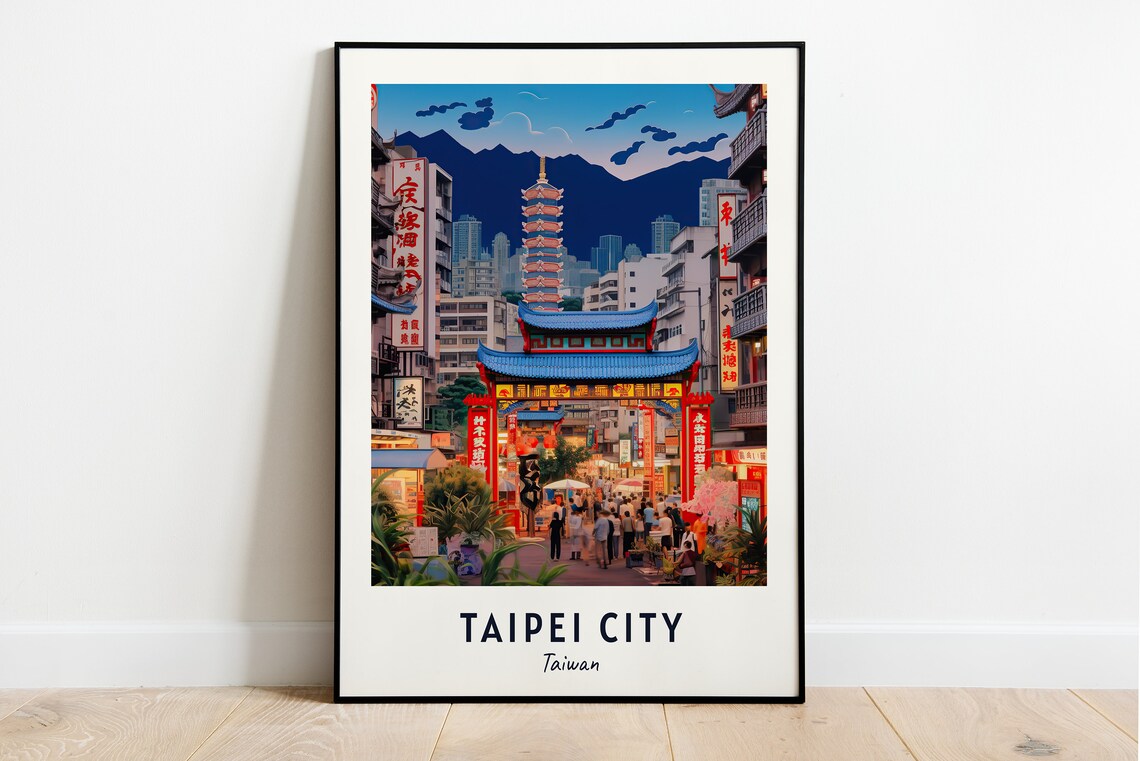 Taipei City Night Market Street Under the Pagoda Taiwan Travel Poster