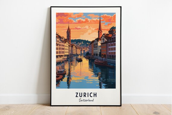 Zurich River Sunset Twin Church Spires Docked Boats Travel Poster