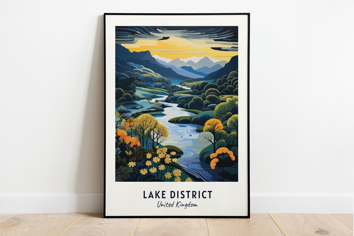 Lake District England River Valley Mountain Sunset Travel Poster