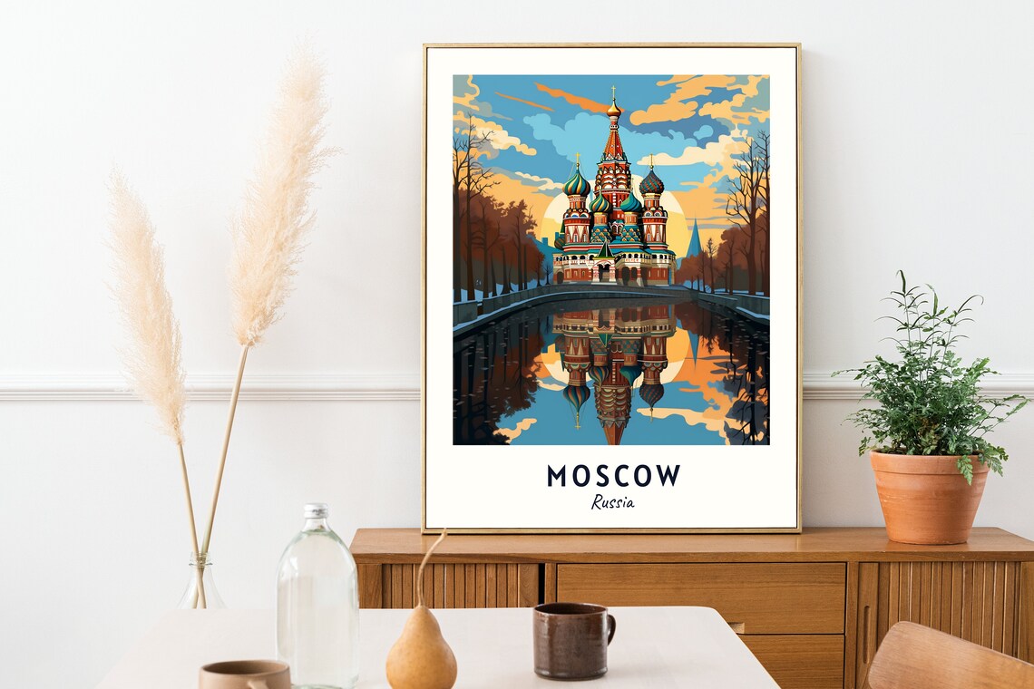 Moscow Russia St Basils Cathedral River Reflection Sunset Travel Poster - Image 2