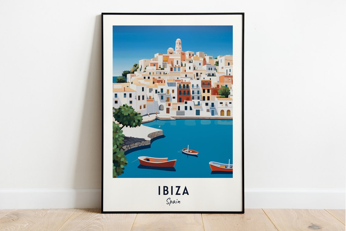 Ibiza Spain Whitewashed Old Town Harbor Vintage Travel Poster