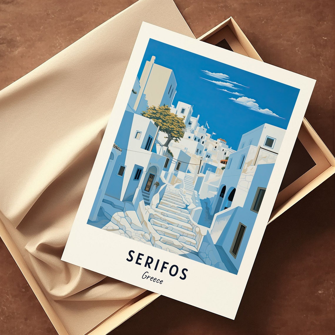 Serifos Greece Whitewashed Village Stone Steps Blue Sky Travel Poster - Image 3