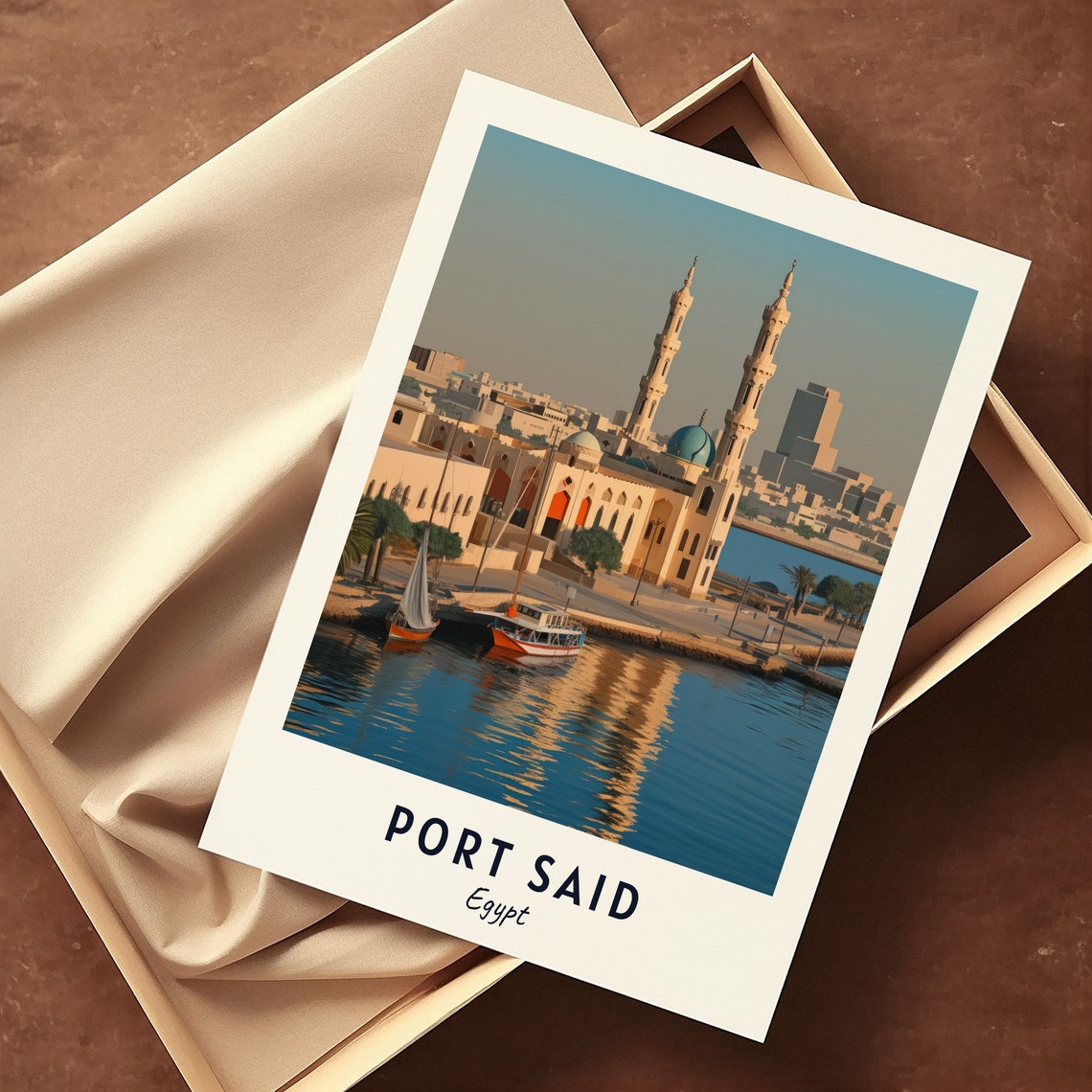 Port Said Egypt Mosque Waterfront Harbor Golden Hour Scene Poster - Image 3