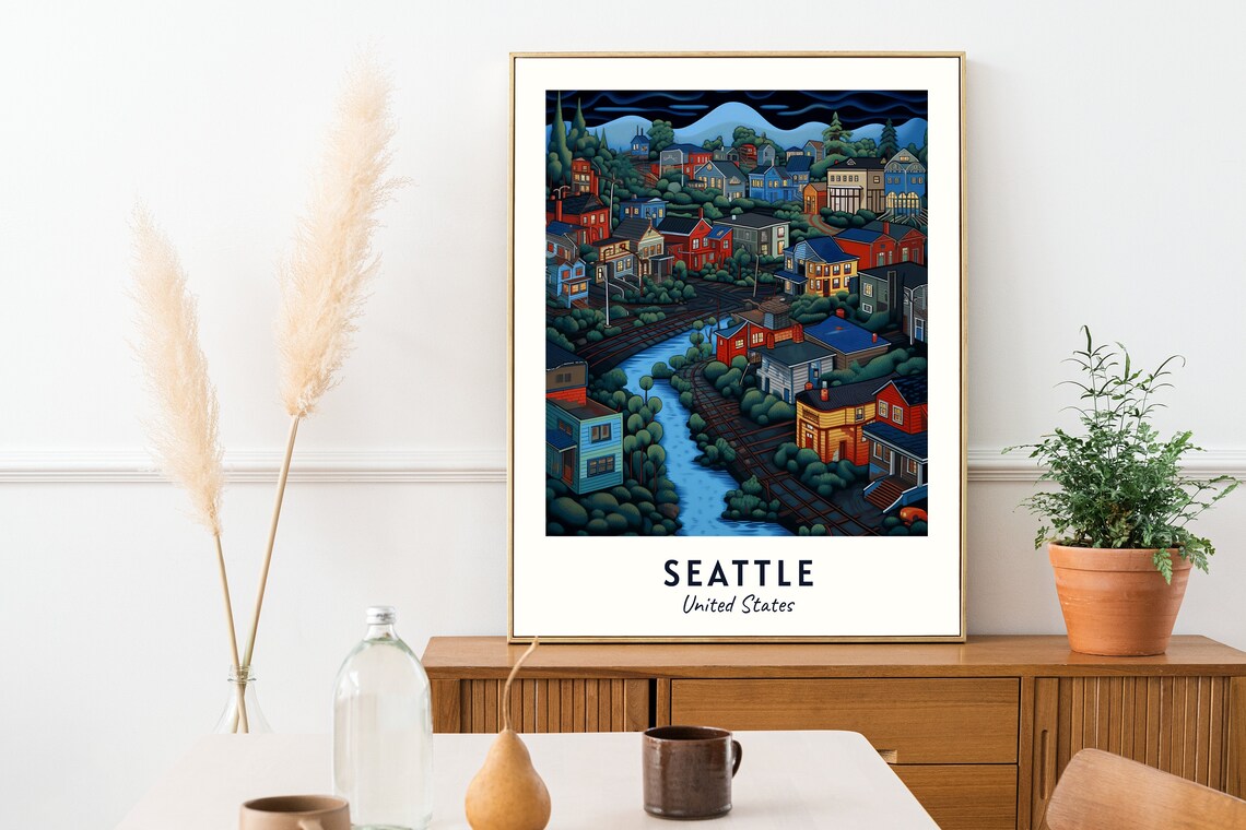 Seattle United States Colorful Hillside Night City Travel Poster - Image 2