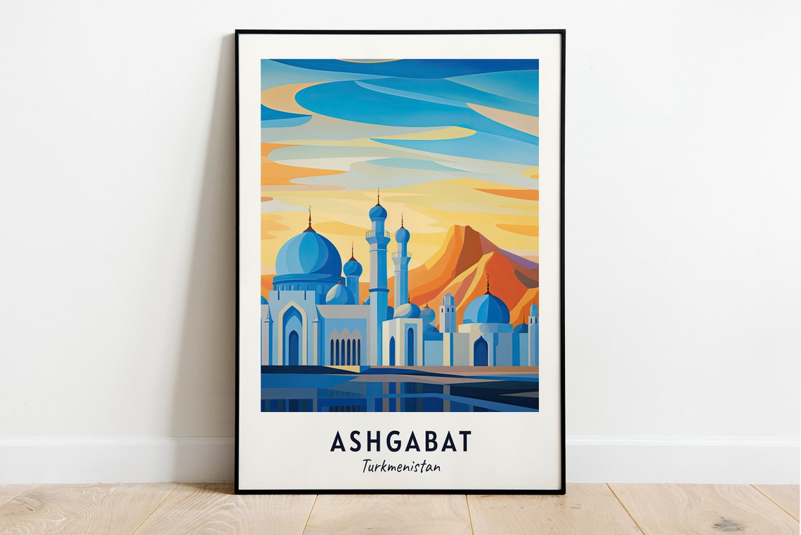 Ashgabat Turkmenistan Blue Domes Mosque Sunset Desert Travel Poster