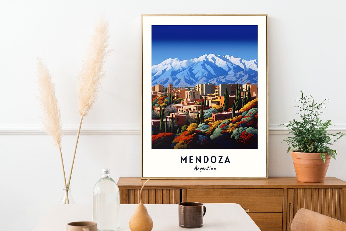 Mendoza Argentina Snowy Andes Hillside City Vista View Poster - Image 2