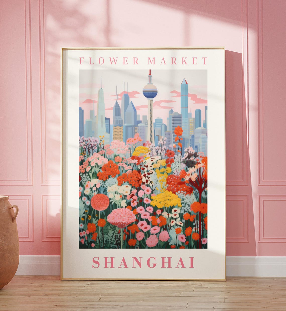 Shanghai Flower Market Oriental Pearl Tower Blossom Travel Poster