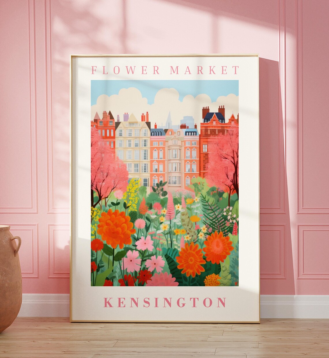 Kensington Flower Market Travel Poster, Floral Illustration