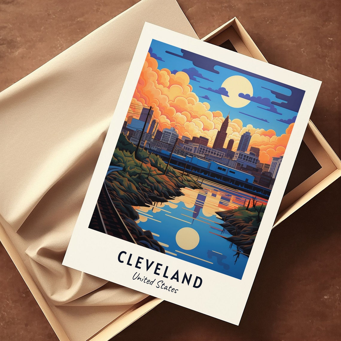 Cleveland United States Skyline Sunset Reflected In River Poster - Image 3