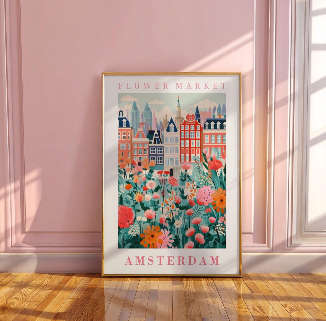 Amsterdam Flower Market Poster with Canal Houses in Teal Floral Meadow - Image 3