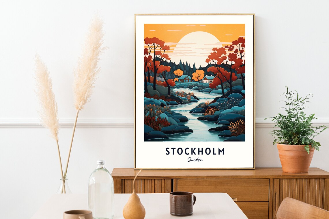 Stockholm Autumn River Cabins Golden Sunset Glow Travel Poster - Image 2