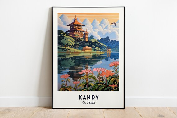 Kandy Sri Lanka Lakeside Temple Pink Blossoms Golden Sunset Poster