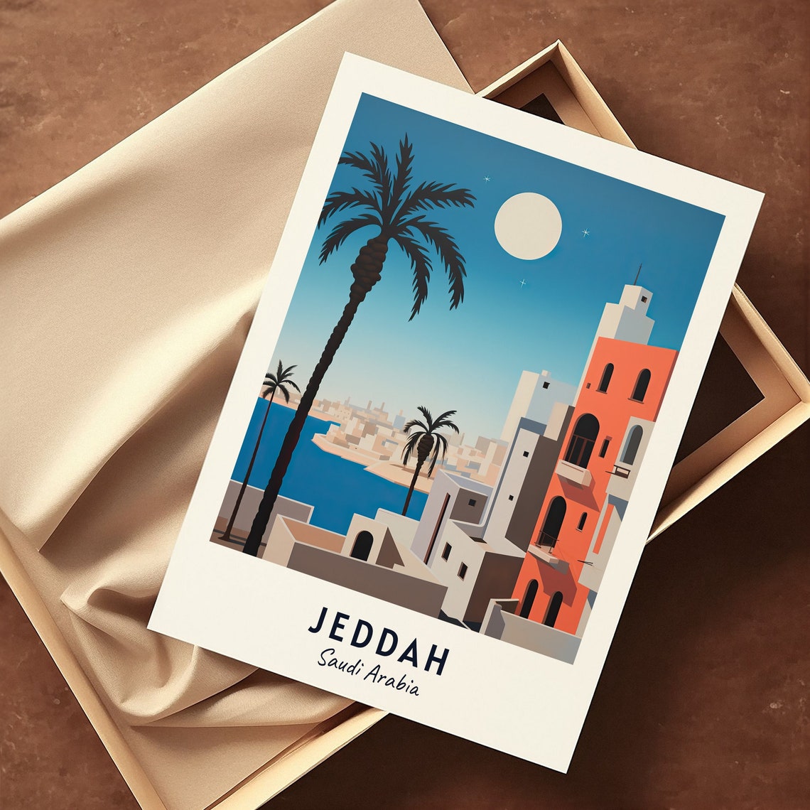 Jeddah Saudi Arabia Moonlit Old Town Palm Coastline Travel Poster - Image 3