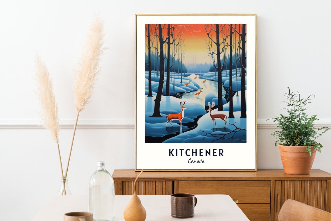 Kitchener Canada Winter Deer Forest Sunset Creek Travel Poster - Image 2