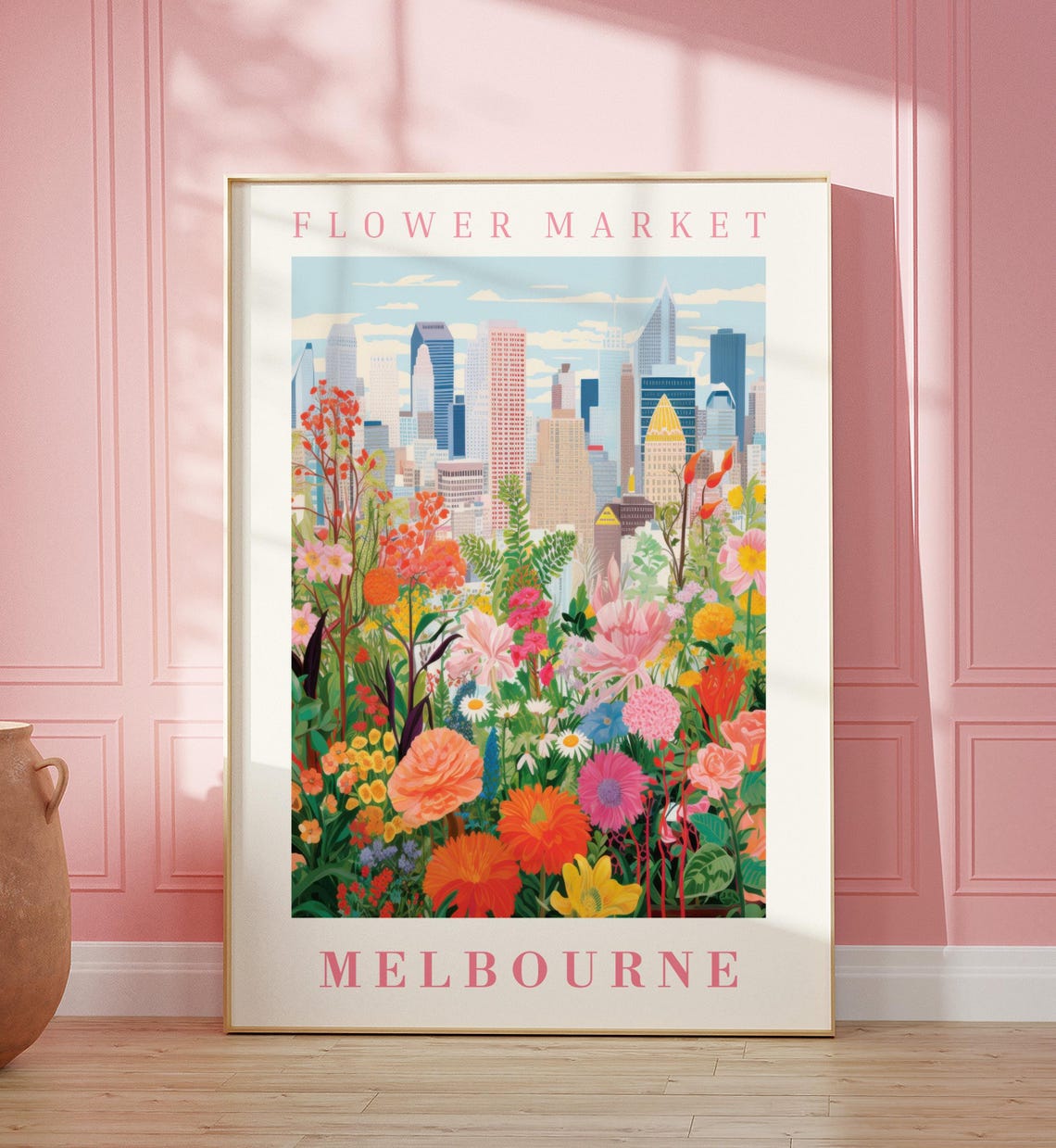 Melbourne Flower Market City Bloom Skyline Garden Travel Poster