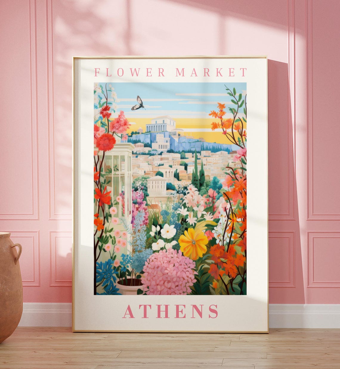 Athens Flower Market Poster with Acropolis Sunset Hydrangeas