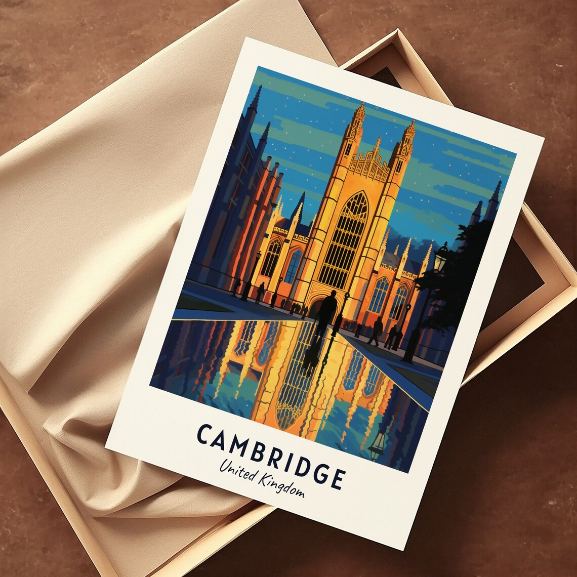 Cambridge United Kingdom Gothic College Chapel Dusk Travel Poster - Image 3
