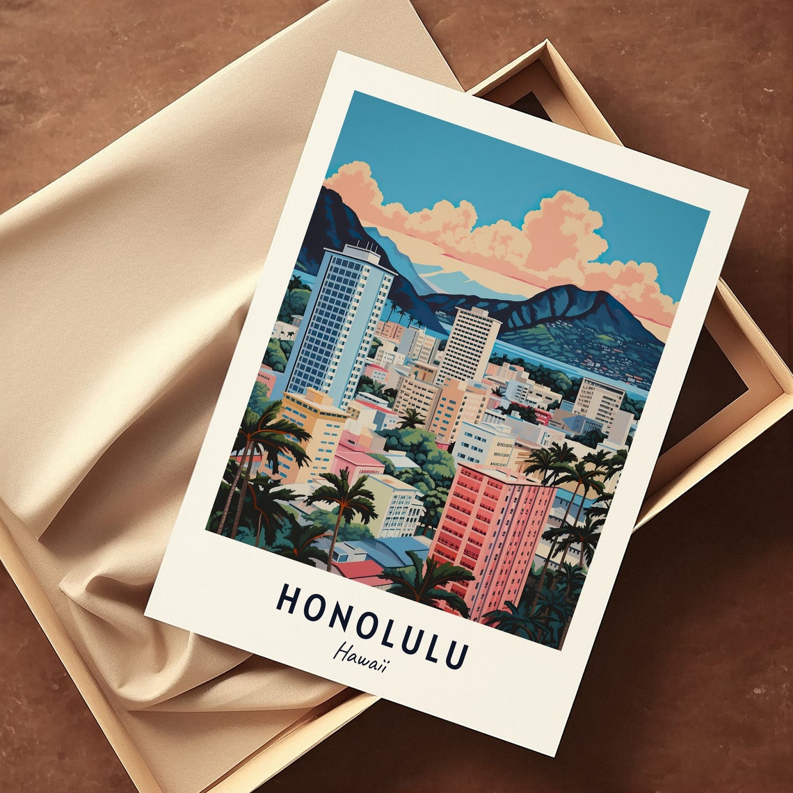 Honolulu City Skyline With Mountain Backdrop Hawaii Travel Poster - Image 3