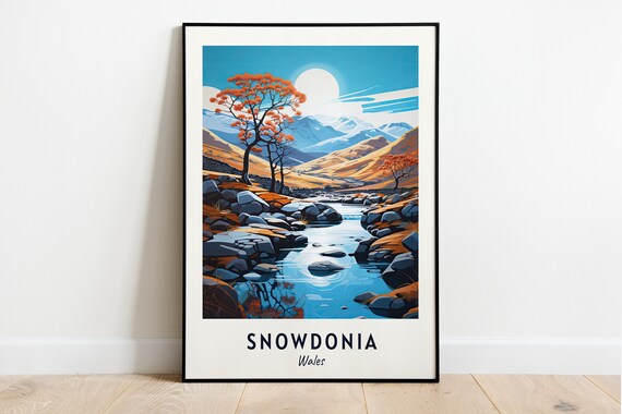 Snowdonia Wales Autumn Stream Orange Trees Mountain Sun Travel Poster