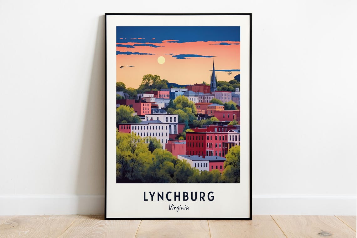 Lynchburg Virginia Sunset Hillside Townscape Moon Travel Poster