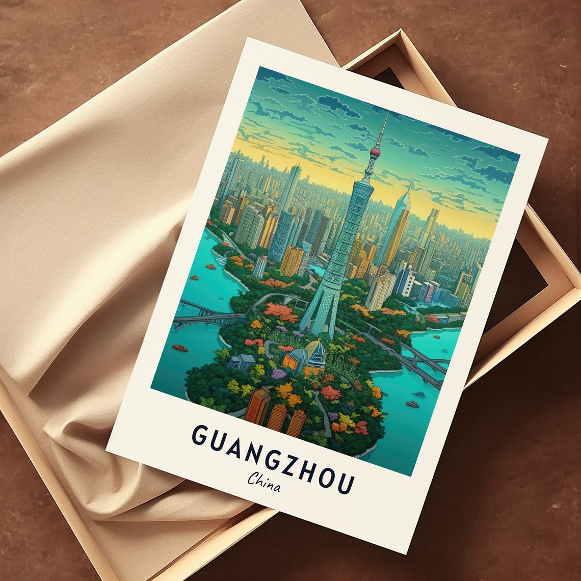 Guangzhou China Canton Tower Sunset Skyline River Travel Poster - Image 3