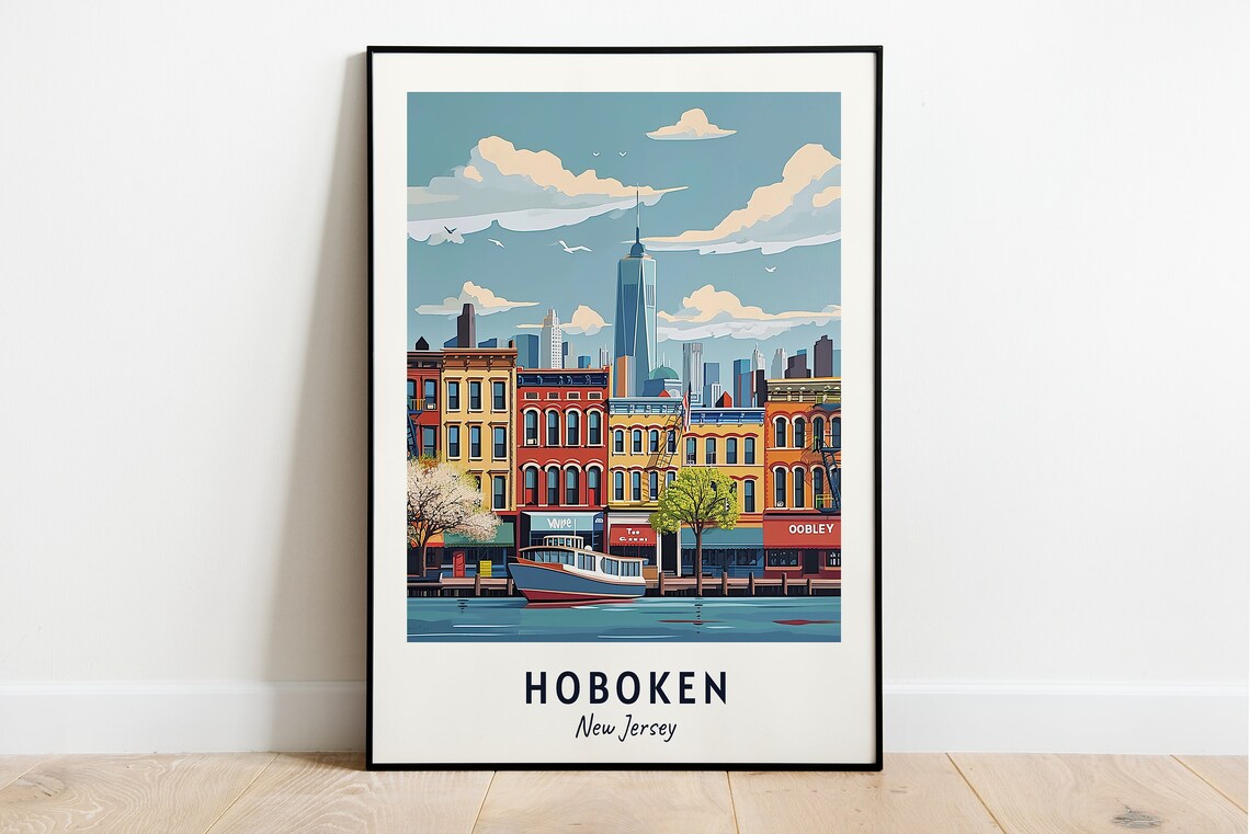 Hoboken New Jersey Waterfront Ferry Skyline View Travel Poster
