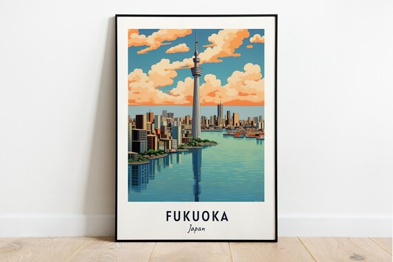 Fukuoka Japan Seaside Tower Skyline Water Reflection Art Print