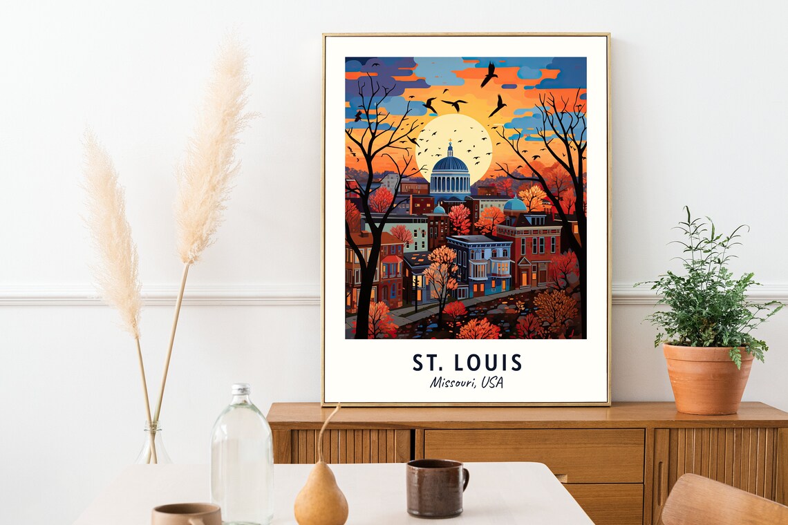 St Louis Missouri Autumn Sunset Cityscape Birds Scene Poster - Image 2