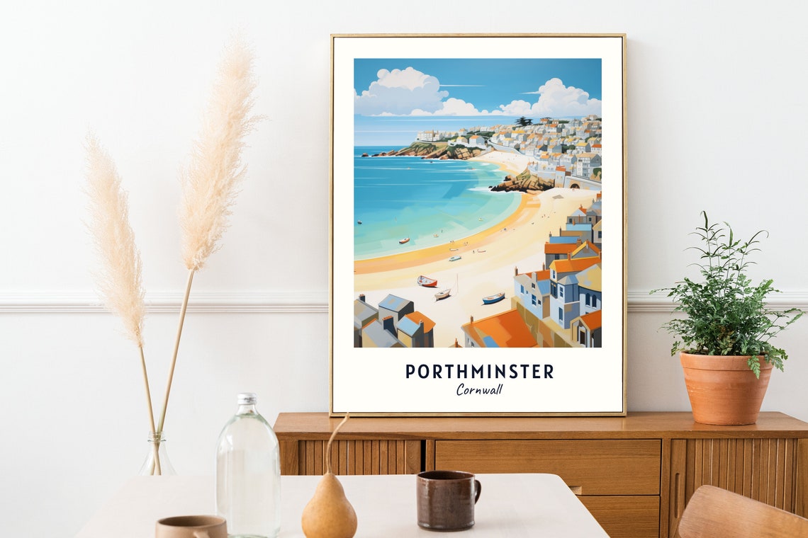 Porthminster Cornwall Sunlit Beach Boats Seaside Town Poster - Image 2