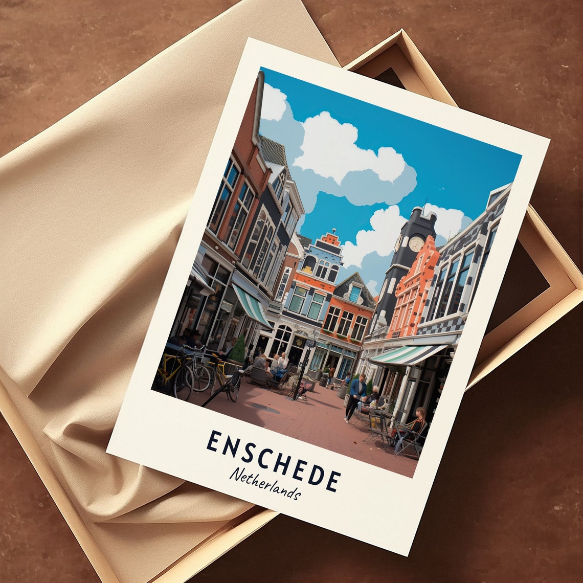 Enschede Netherlands Dutch Street Cafe Bicycles Colorful Travel Poster - Image 3