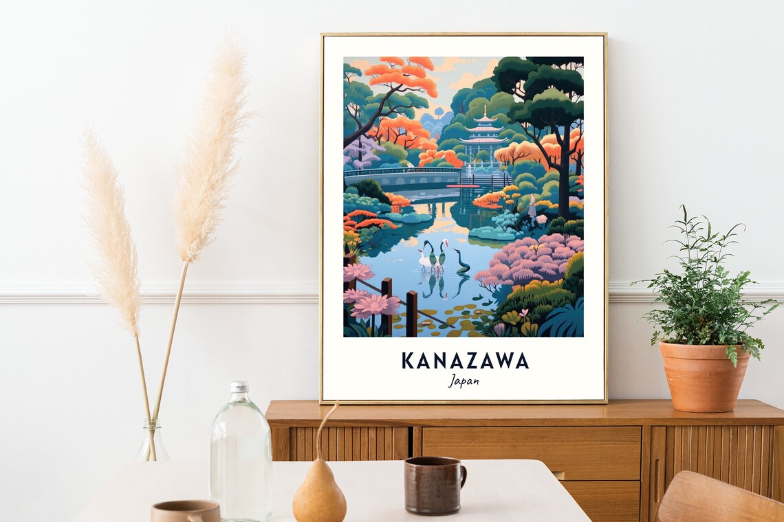 Kanazawa Japan Garden Pond Cranes Bridge Autumn Colors Travel Poster - Image 2