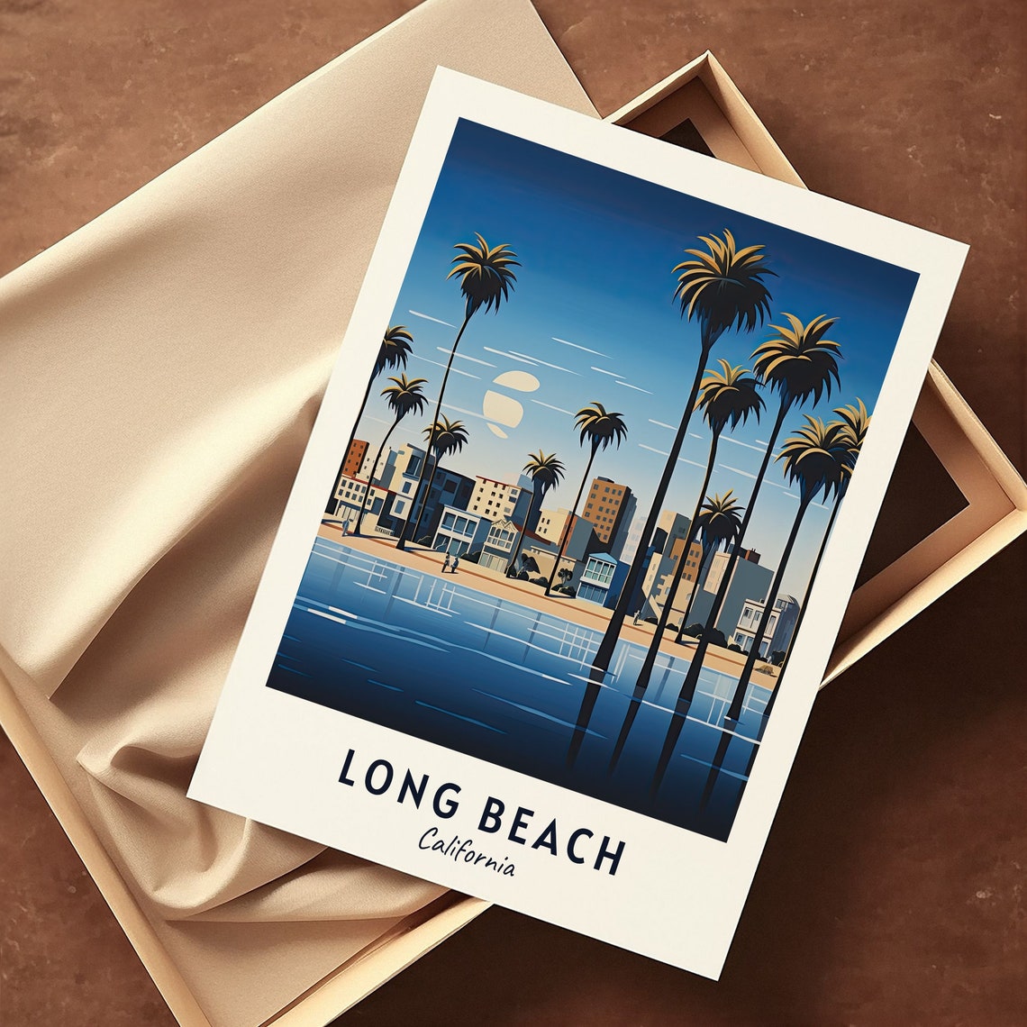 Long Beach California Palm Trees Shoreline Night Skyline Travel Poster - Image 3