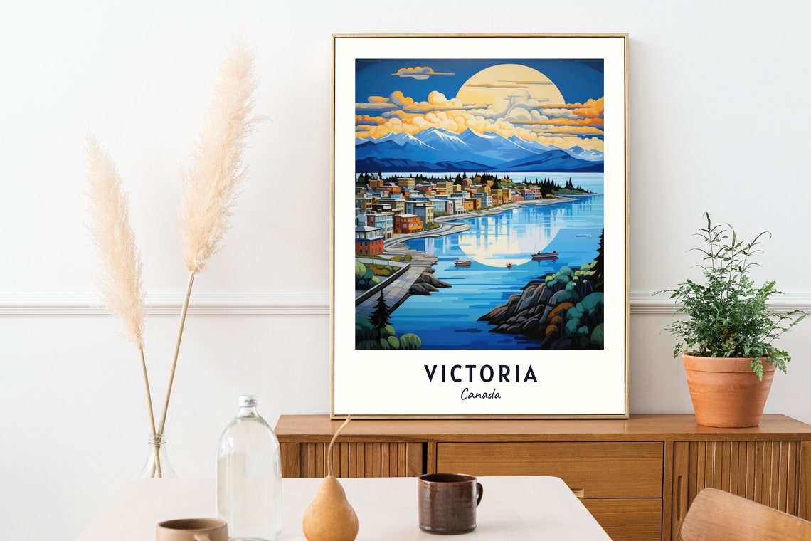 Victoria Canada Moonlit Harbor Boats Mountains Evening View Poster - Image 2