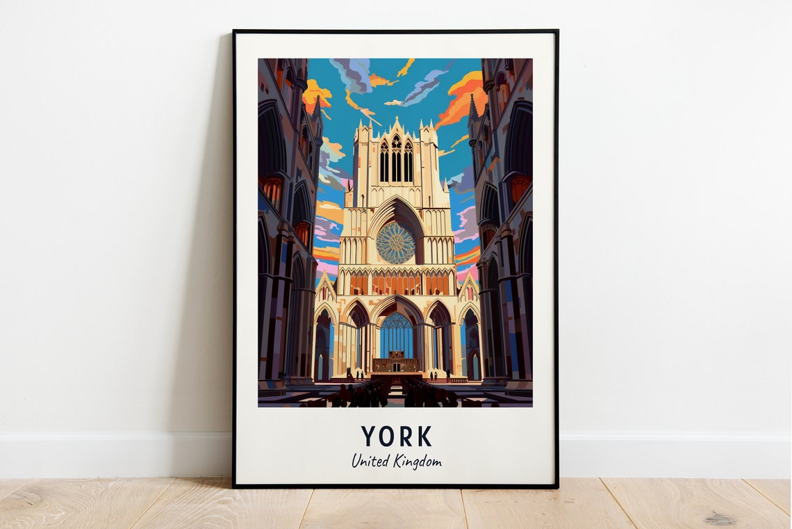 York Gothic Cathedral Rose Window Front Sunset View Travel Poster