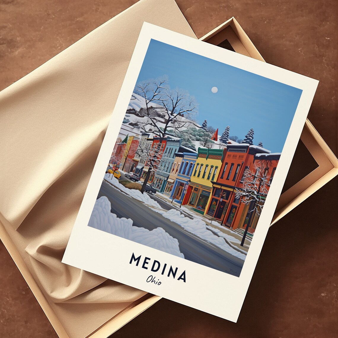 Medina Ohio Snowy Main Street Colorful Shops Winter Scene Poster - Image 3