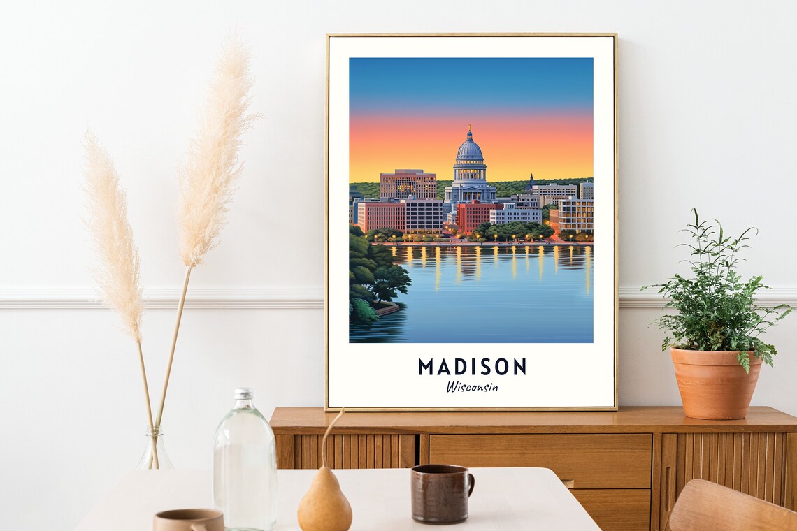 Madison Capitol Dome at Sunset Over the Lake Wisconsin Travel Poster - Image 2