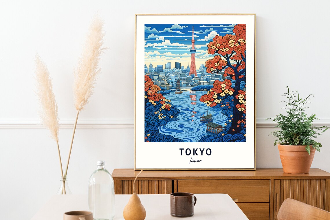 Tokyo Japan Skytree Tower With Autumn Trees Woodblock Style Travel Poster - Image 2